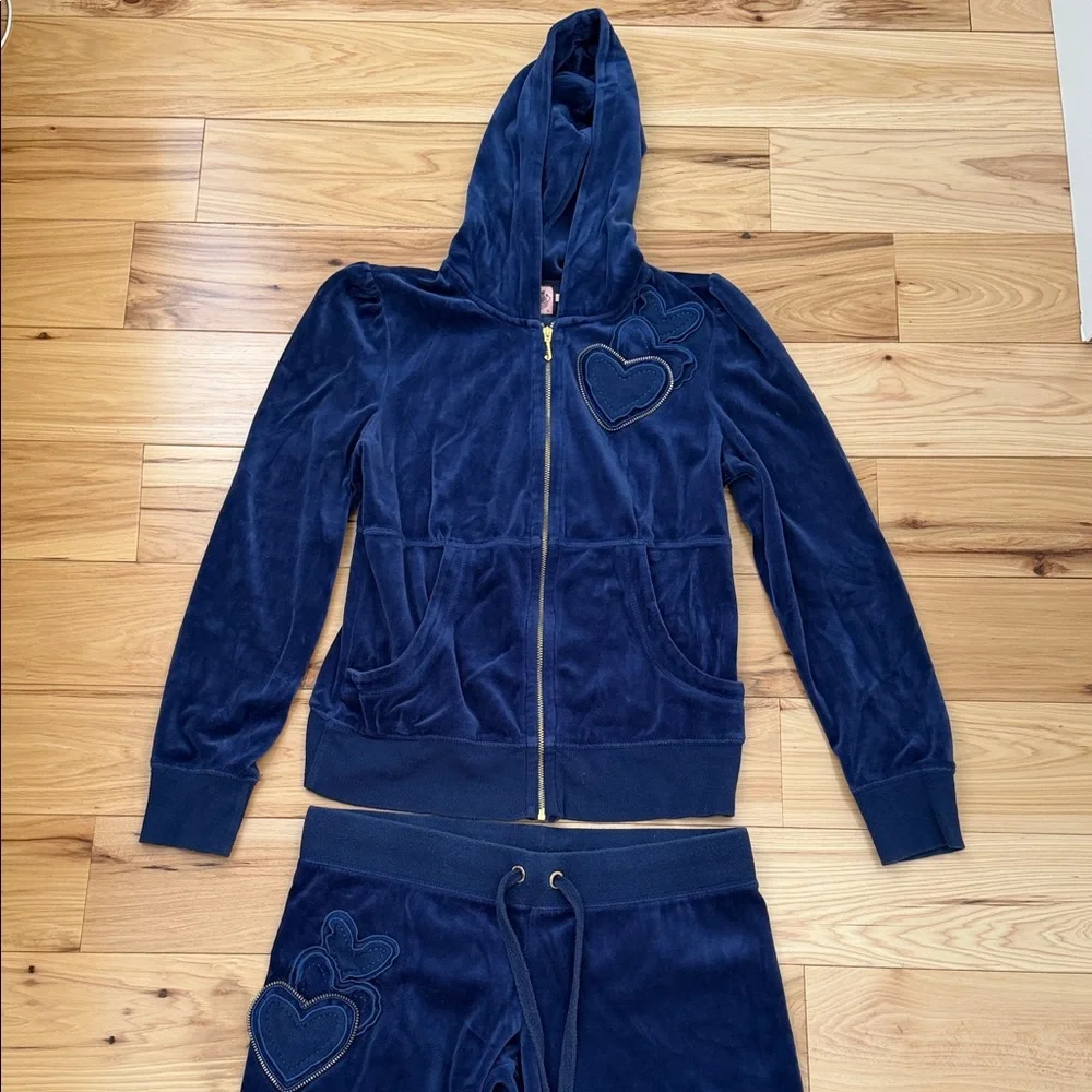 Women's Navy Royal Blue Velour Tracksuit with gold details Top XL Pant M - Picture 2 of 13